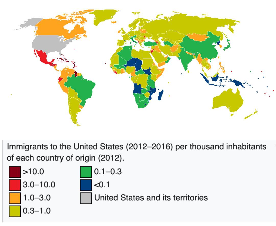 Imigranci do USA na tysiąc mieszkańców każdego kraju, 2012-2016