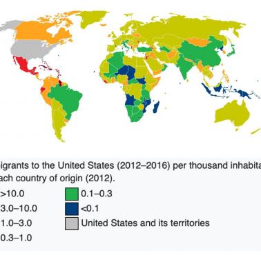Imigranci do USA na tysiąc mieszkańców każdego kraju, 2012-2016