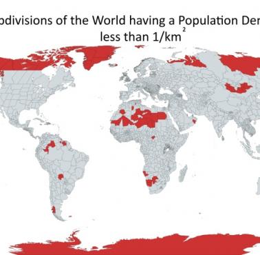 Kraje, obszary, regiony ... o najniższej gęstości zaludnienia na świecie. Gęstość zaludnienia mniejsza niż 1/km2