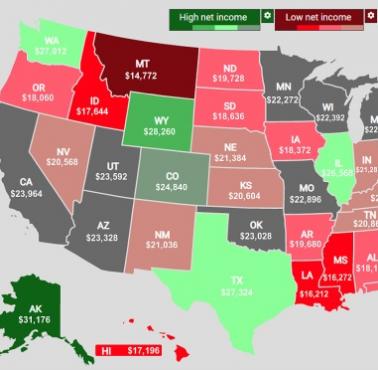 Mediana rocznego dochodu netto w każdym stanie USA po opodatkowaniu, kosztach utrzymania i lokalnym czynszu