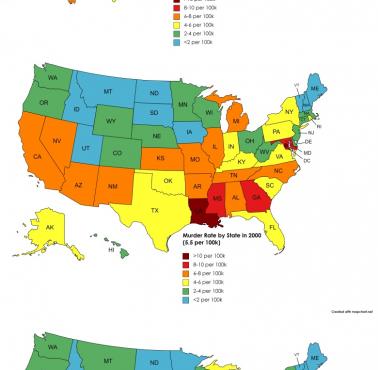 Wskaźnik morderstw na 100 tys. mieszkańców w USA: 1980 vs 1990 vs 2000 vs 2010 vs 2020