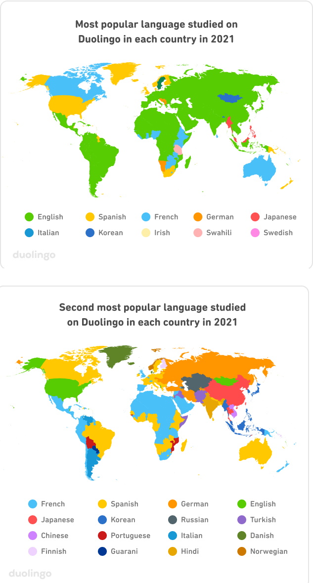 Najpopularniejszy drugi język obcy w poszczególnych krajach na podstawie danych aplikacji Duolingo, 2021