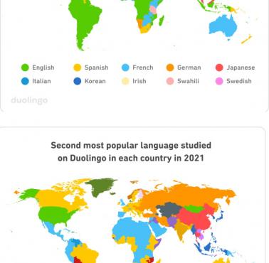 Najpopularniejszy drugi język obcy w poszczególnych krajach na podstawie danych aplikacji Duolingo, 2021
