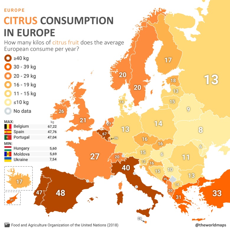 Konsumpcja owoców cytrusowych w Europie (w kg/rok), 2018