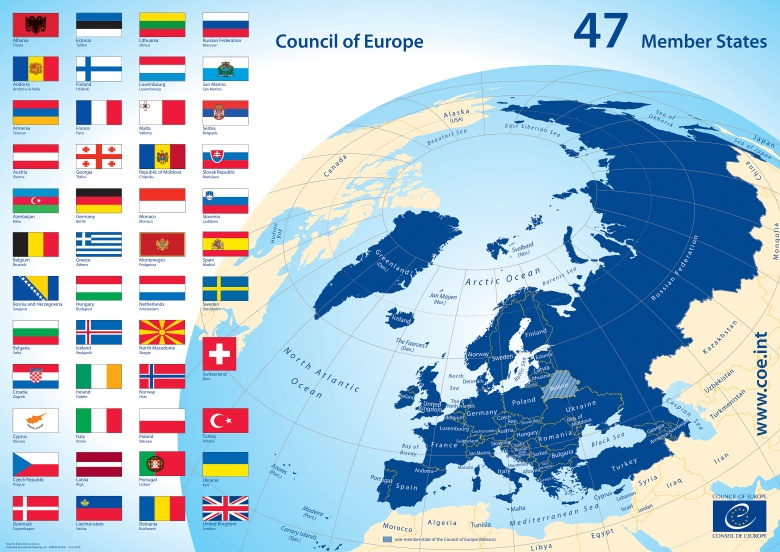 Mapa 47 państw członkowskich Rady Europy, 2020