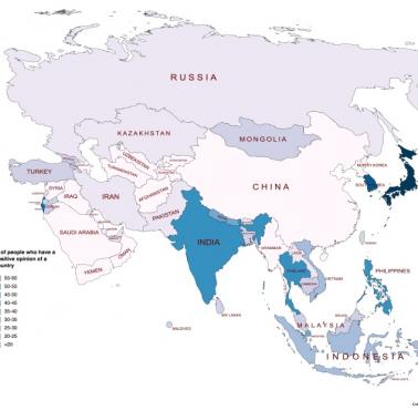 Odsetek amerykańskich respondentów, którzy pozytywnie oceniają kraje Azji (źródło: YouGov)