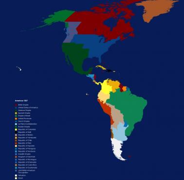 Mapa polityczna (państwa) obu Ameryk w 1837 roku