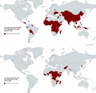 Kraje o nominalnym PKB na mieszkańca poniżej 1000 dolarów w latach 1990 i 2020