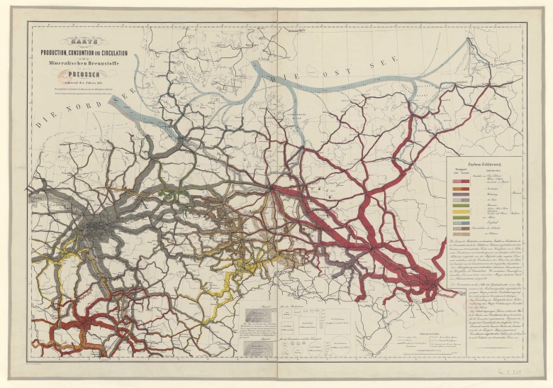 Mapa Niemiec z 1881 roku z uwzględnieniem produkcji, dostaw ... węgla