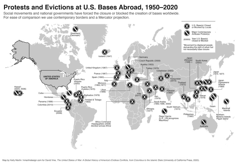 Oprotestowane i zlikwidowane bazy wojskowe USA za granicą, 1950-2020