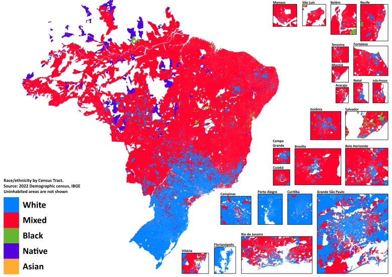 Mapa rasowa (etniczna) Brazylii, dominująca rasa - pochodzenie etniczne, 2022