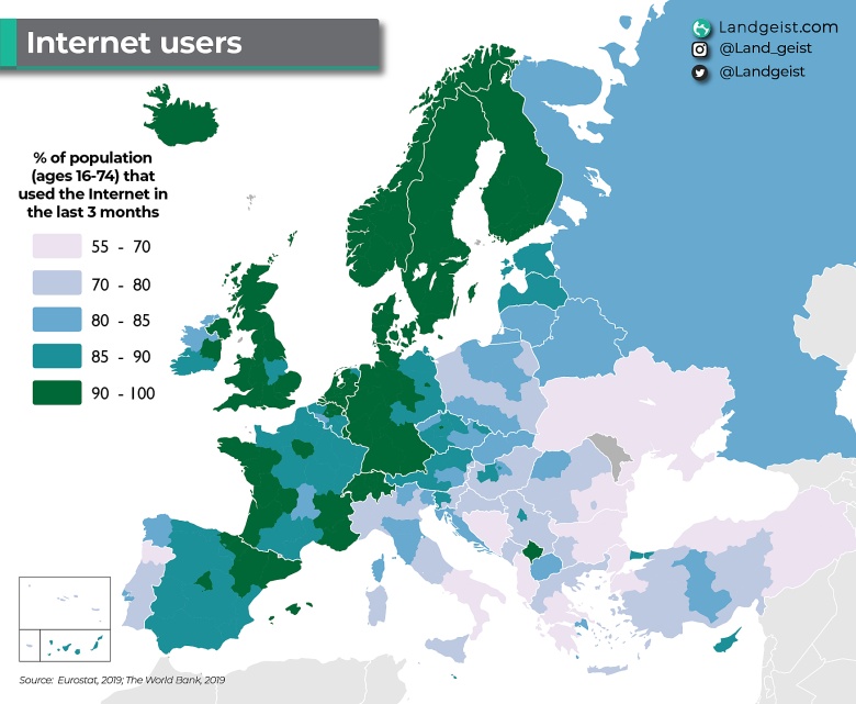 Odsetek osób mających dostęp do internetu w Europie, 2019, dane: Eurostat, Bank Światowy