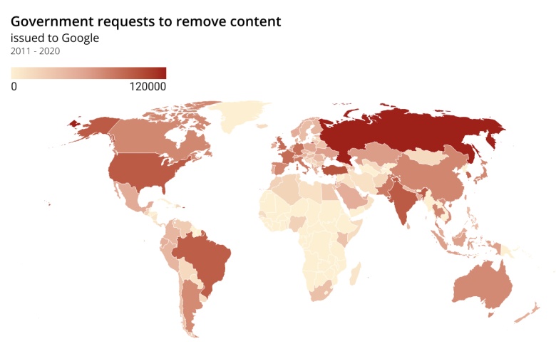 Liczba wniosków rządowych o usunięcie treści w Google, w latach 2011-2020