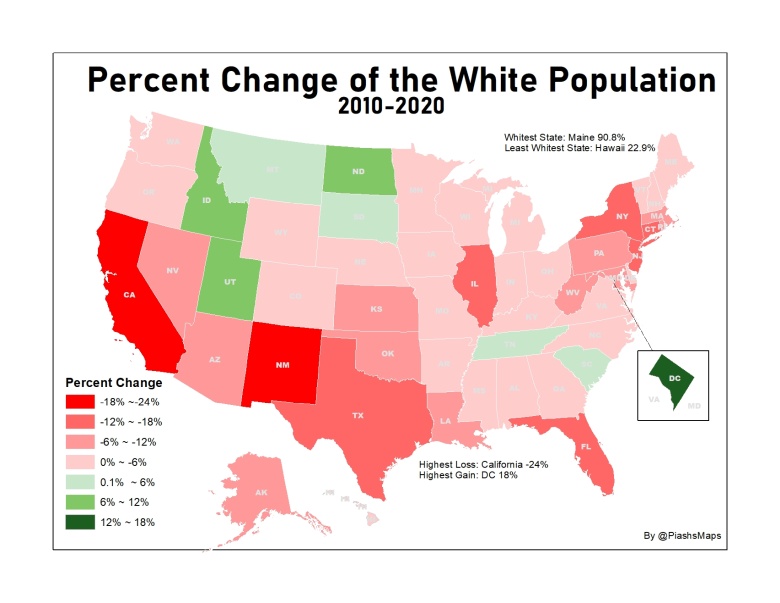 Zmiana populacji białych mieszkańców poszczególnych stanów USA w latach 2010-2020 (dane ze spisu ludności)