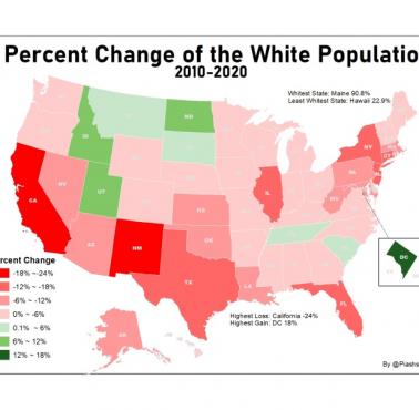 Zmiana populacji białych mieszkańców poszczególnych stanów USA w latach 2010-2020 (dane ze spisu ludności)