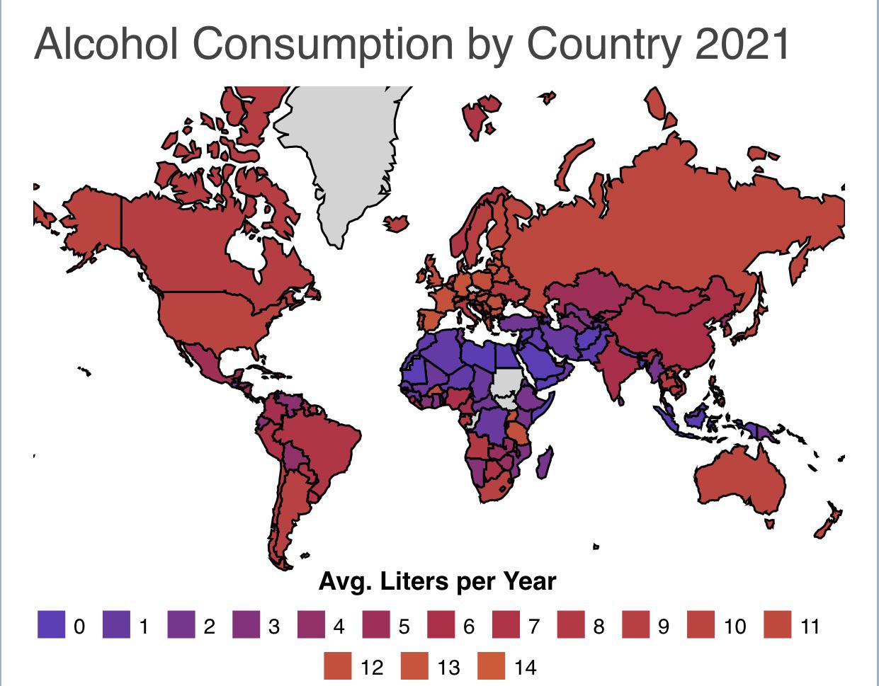 Konsumpcja alkoholu na osobę w poszczególnych państwach świata (w litrach na osobę), 2021