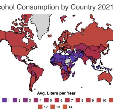 Konsumpcja alkoholu na osobę w poszczególnych państwach świata (w litrach na osobę), 2021