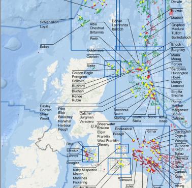 Pola naftowe (zielone) i gazowe (czerwone) w Wielkiej Brytanii