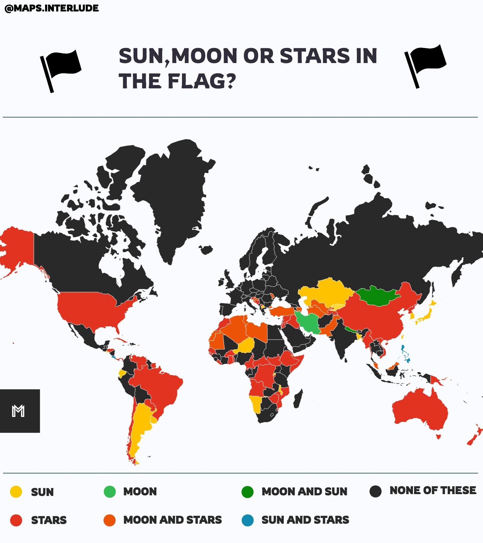 Które państwa mają na fladze: słońce, księżyc lub gwiazdy?