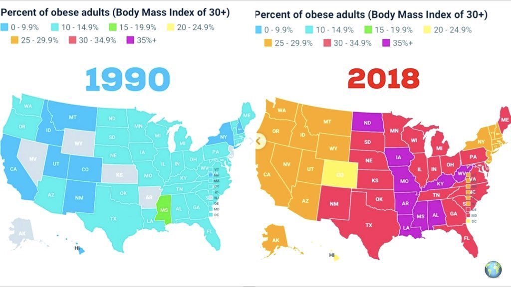 Zmiana współczynnika otyłości według stanu USA w latach 1990-2018