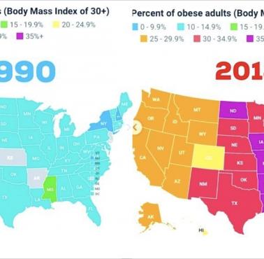 Zmiana współczynnika otyłości według stanu USA w latach 1990-2018