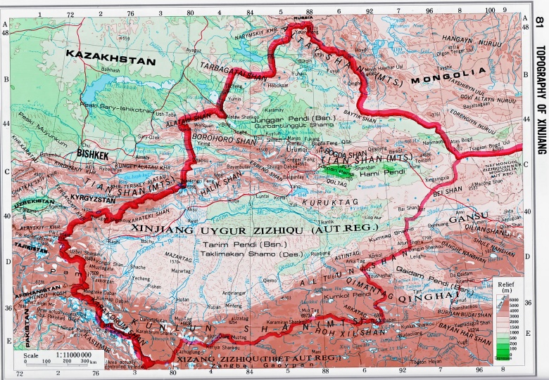 Topograficzna mapa Sinciangu (region autonomiczny w Chinach)