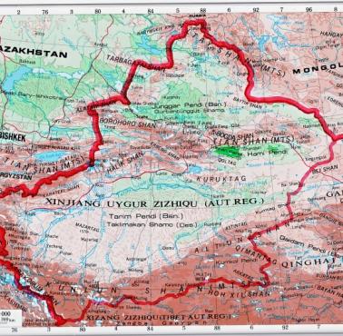 Topograficzna mapa Sinciangu (region autonomiczny w Chinach)