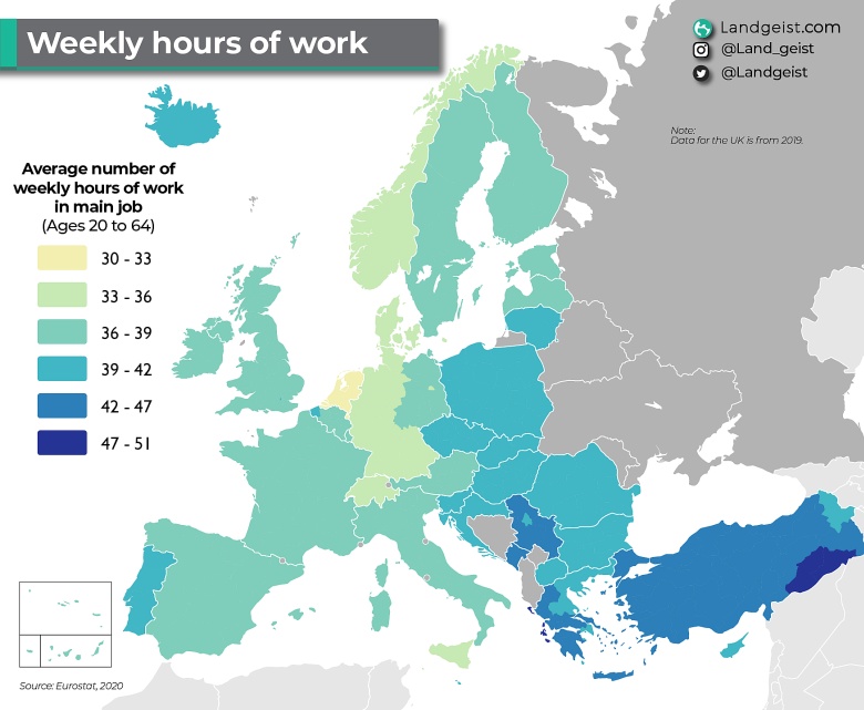 Ile godzin w tygodniu pracuje średnio mieszkaniec danego kraju w Europie, 2020