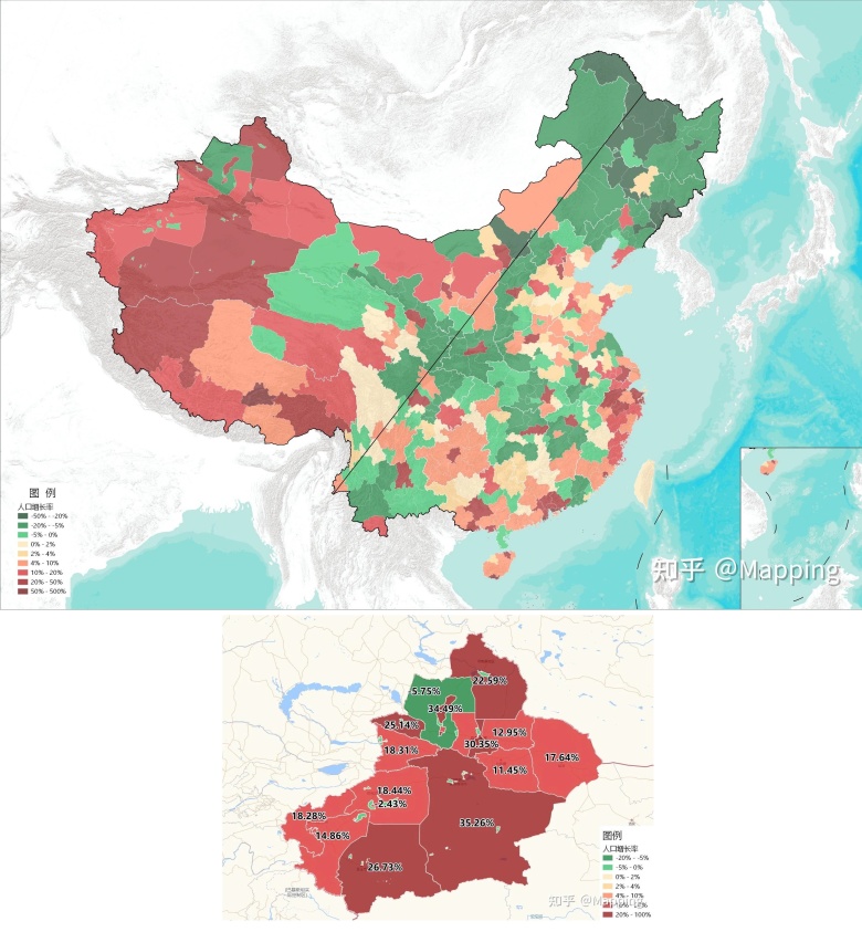 Zmiana populacji Sinciangu (region autonomiczny w Chinach) w latach 2010-2020. Populacja Ujgurów wzrosła o 16,2%