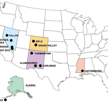 Umiejscowienie wszystkich wybuchów nuklearnych (poligonów nuklearnych) w USA