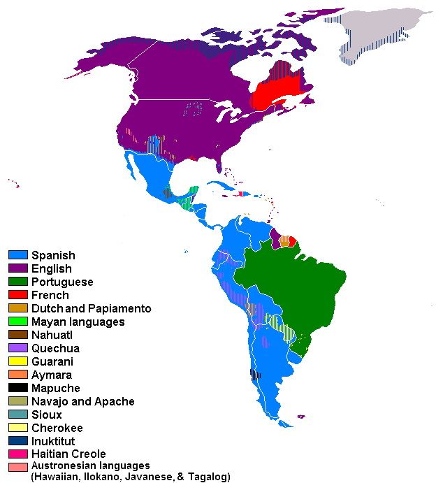 Mapa językowa (dominujący język) obu Ameryk