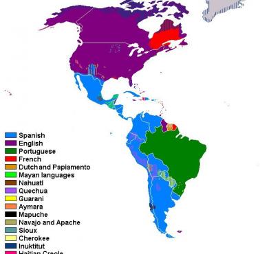 Mapa językowa (dominujący język) obu Ameryk