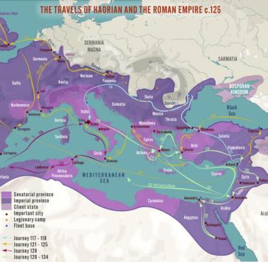 Główne szlaki komunikacyjne i handlowe starożytnego Rzymu, 125 r. n.e.