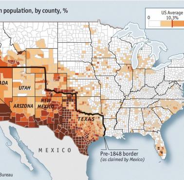 Odsetek Meksykanów w USA z podziałem na stany i hrabstwa