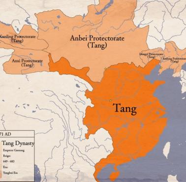 Zasięg panowania chińskiej dynastii Tang, 618-907 n.e.. Okres panowania cesarza Gaozon