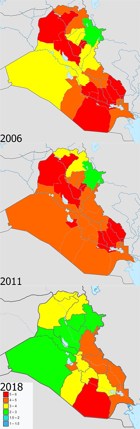 Wskaźniki dzietności w Iraku w latach 2006, 2011 i 2018