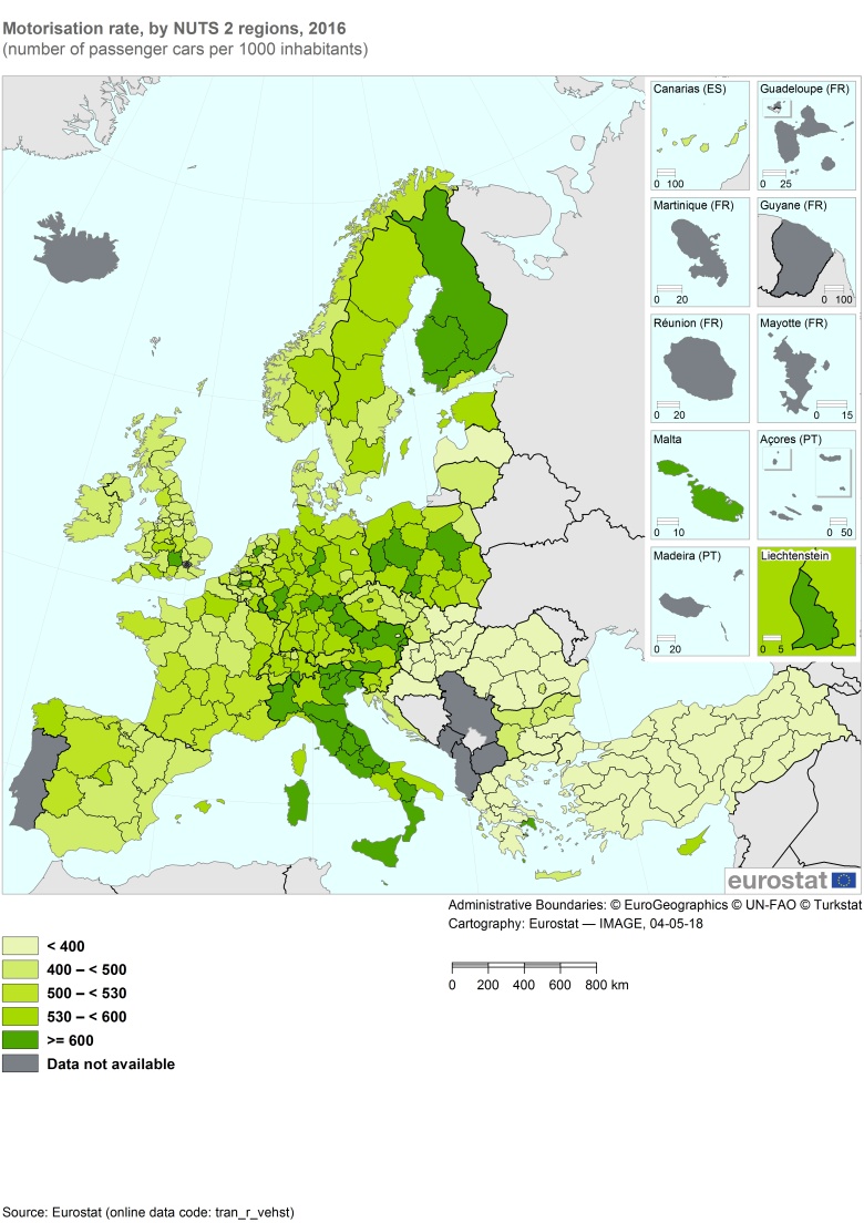 Wskaźnik motoryzacji dla niektórych krajów europejskich, w tym Turcja, 2016