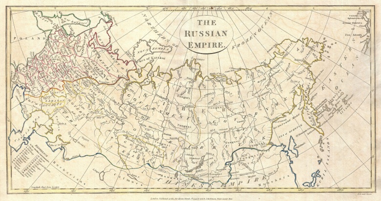 Mapa Rosji (Imperium Rosyjskiego) autorstwa Clementa Cruttwella, 1799. Mandżuria była jeszcze wtedy chińska