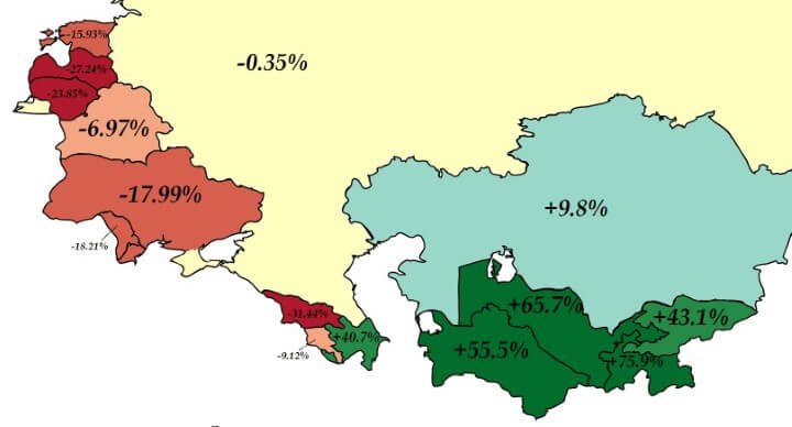 Zmiana liczby ludności w byłym Związku Radzieckim (ZSRR) od 1989 do 2019 roku