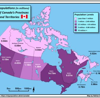 Liczba ludności Kanady (w mln) w poszczególnych prowincjach