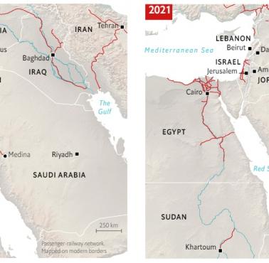 Sieć kolejowa Bliskiego Wschodu w połowie XX wieku i 2021 roku