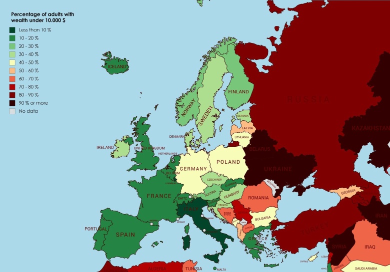 Procent dorosłej populacji w Europie z majątkiem poniżej 10 tys. dolarów