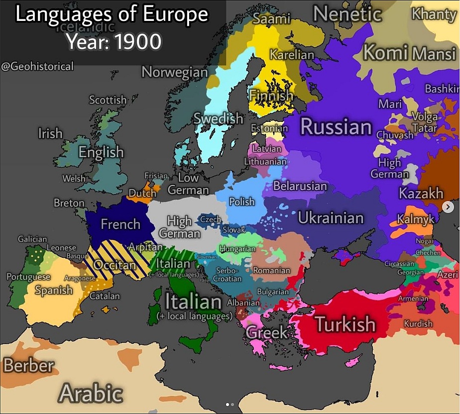 Mapa językowa Europy na początku XIX wieku, 1900