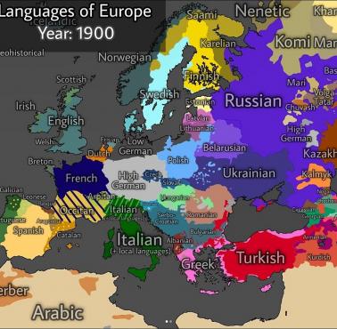 Mapa językowa Europy na początku XIX wieku, 1900