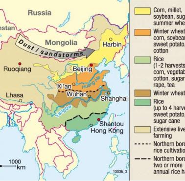 Regiony rolnicze Chin z podziałem na rodzaje upraw (pszenica, ryż, kukurodza, soja ....) i rodzaje klimatu