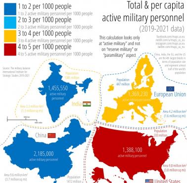 Personel wojskowy na mieszkańca w USA, UE, Chinach i Indiach, 2019-2021