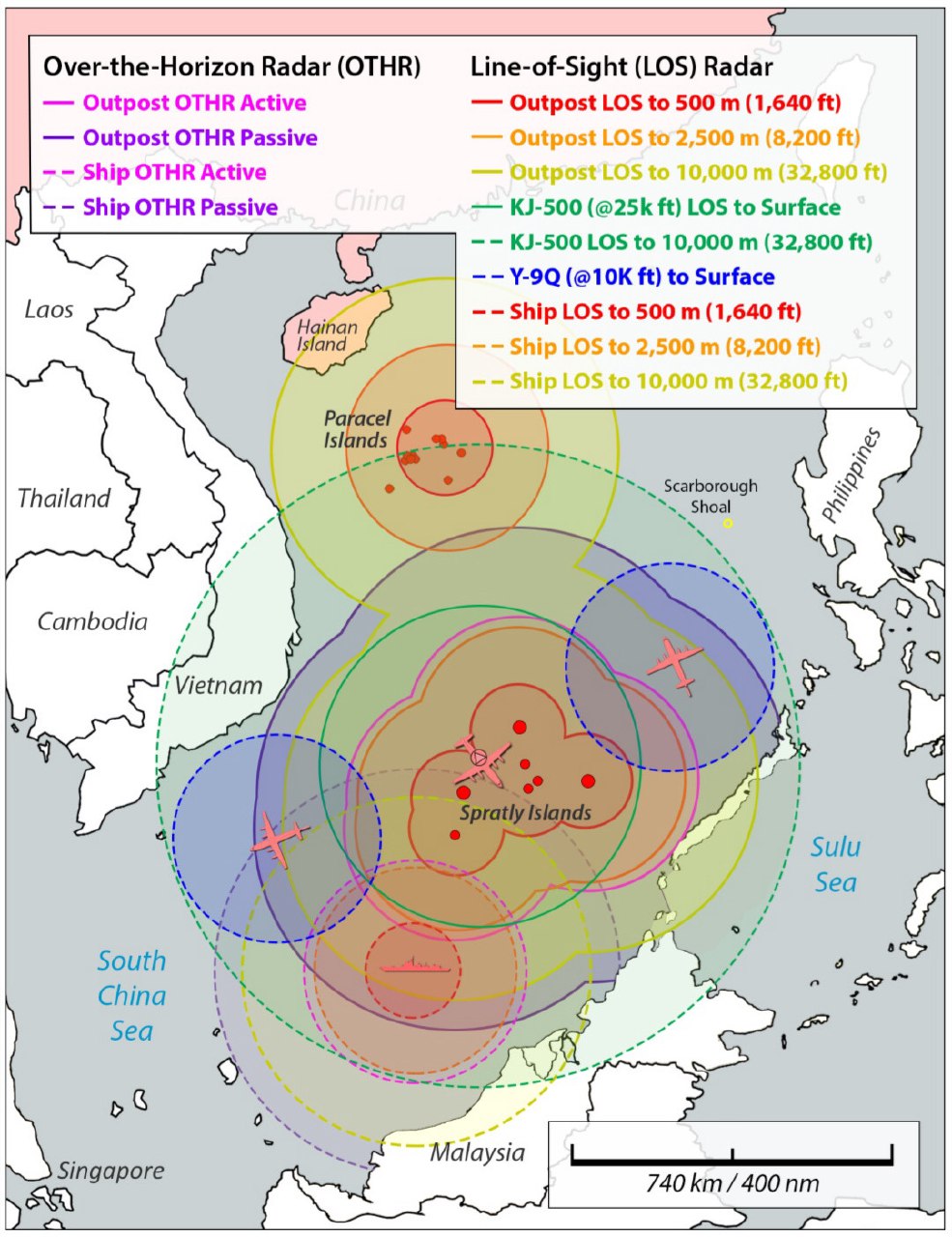 Potencjalne obszary działania różnych radarów PLA na Wyspach Spratly i Paracelskich na Morzu Południowochińskim