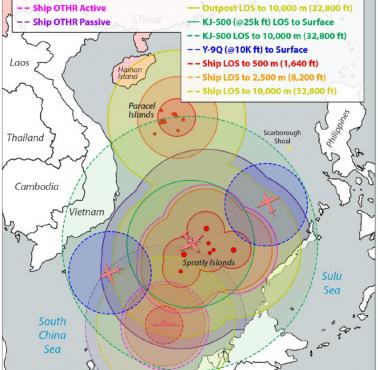 Potencjalne obszary działania różnych radarów PLA na Wyspach Spratly i Paracelskich na Morzu Południowochińskim