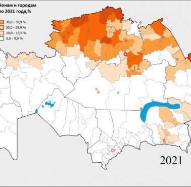 Stale topniejąca mniejszości rosyjska w Kazachstanie oraz obszary jej występowania, 2021