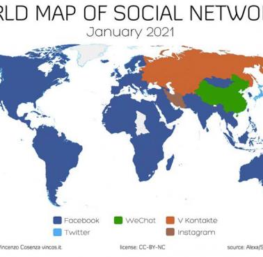 Dominujące media społecznościowe na świecie, styczeń 2021